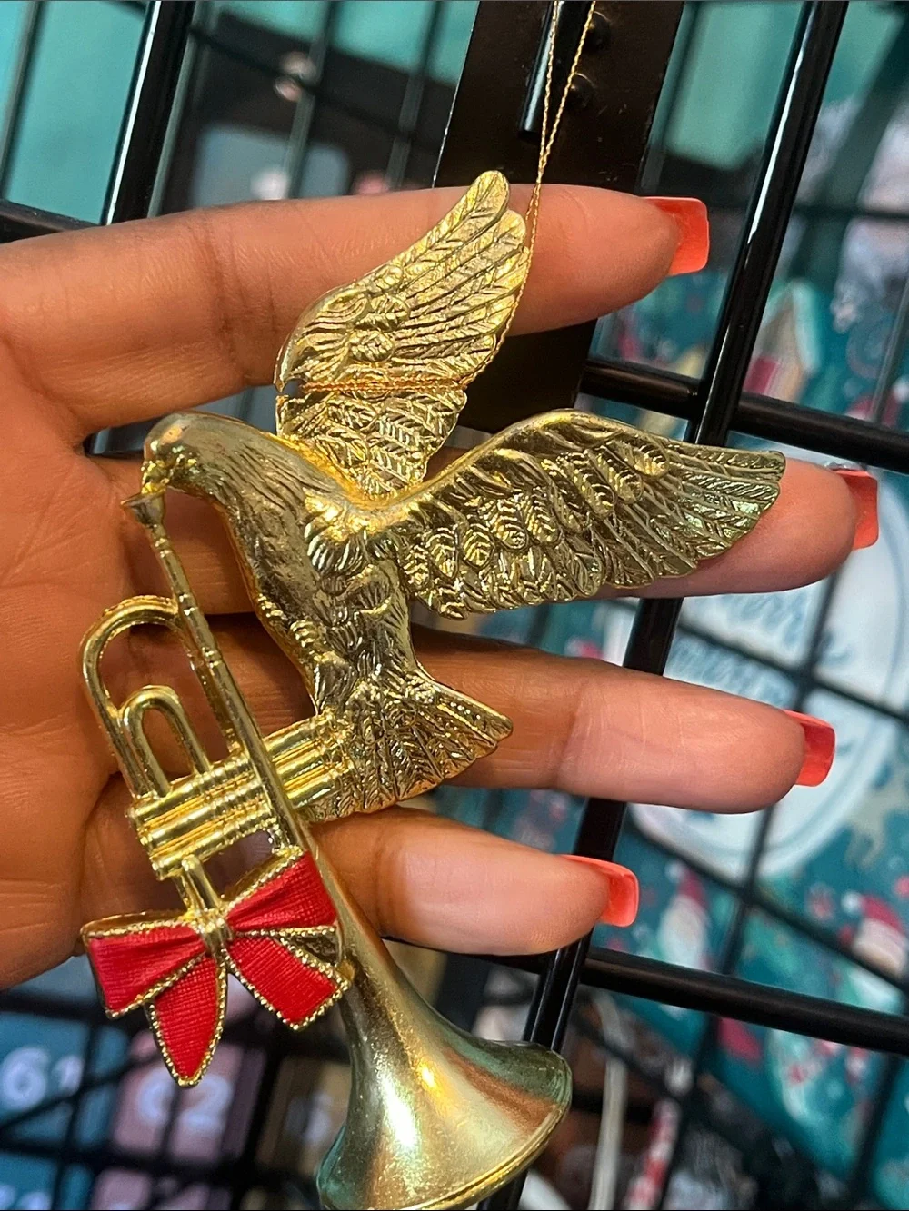 Vintage Gold Flying Dove with Trumpet Holiday Ornament with Red Bow